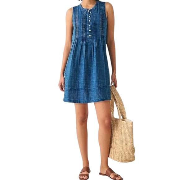 FAHERTY Isha Sleeveless Organic Cotton Mini Dress +Pockets Indigo Chambray Small - Picture 1 of 7